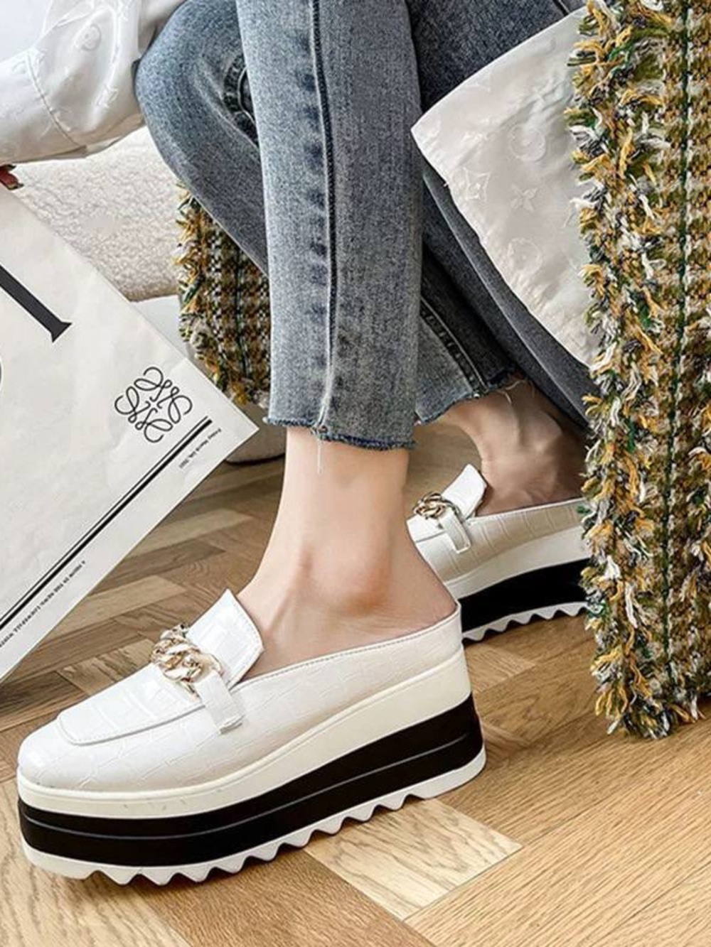 Platform Chain White Leather Loafers for Women - Picture 4 of 5